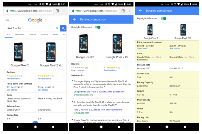 google productspecificaties vergelijken